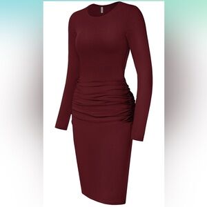 Laughido Long Sleeve Ruched Bodycon Knee Length Dress Burgundy M